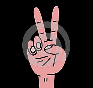 Hand gesture V sign for victory or peace icon. Doodle cartoon style. Isolated vector illustration on white