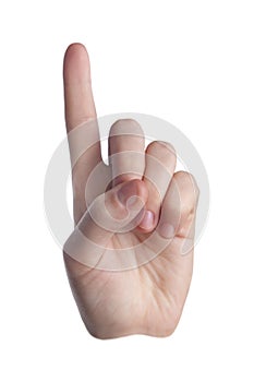 Hand gesture on a white background. The index finger points upwards