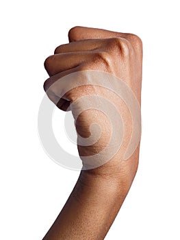 Hand gesture, woman clenched fist, ready to punch