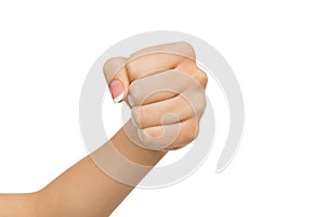 Hand gesture, woman clenched fist, ready to punch