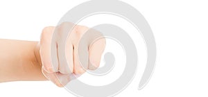 Hand gesture. Woman clenched fist, ready to punch, isolated on white, close-up, copy space, activity concept,feminism