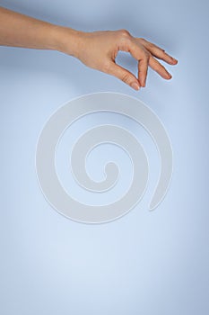 Hand gesture. Woman hand holding something on light blue background. Female hand holding some like blank card, business