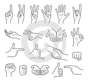 Hand gestures contour vector set