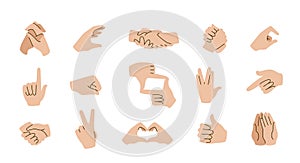 Hand gestures emoticons. Communication icons with pointing fingers, open palms, arms and fists. Handshakes, peace and