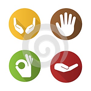 Hand gestures flat design long shadow icons set