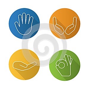 Hand gestures flat linear long shadow icons set