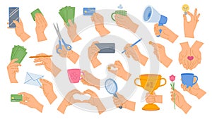 Hand gestures. Human hands hold megaphone, light bulb, pencil and magnifying glass. Palm with envelope, cup, money and heart