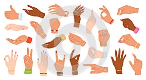 Hand gestures. Human hands hold, point and grip. Multiethnic hands with accessories on wrists vector Illustration set
