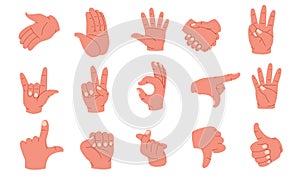 Hand gestures. Human palms and wrist showing emotions and signs, arm poses pointing fingers forefinger thumb up sign