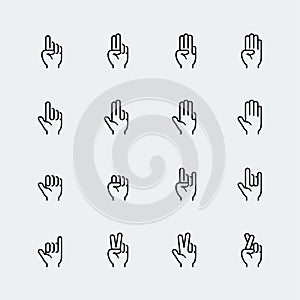 Hand gestures and language thin line icons