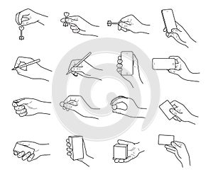 Hand gestures with objects sketch vector set