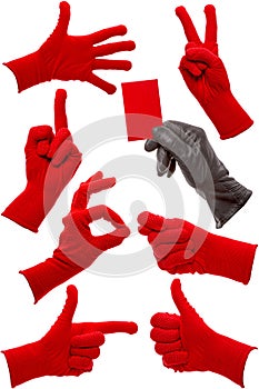 Hand gestures in a red and black glove