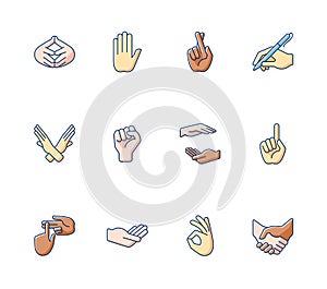 Hand gestures RGB color icons set