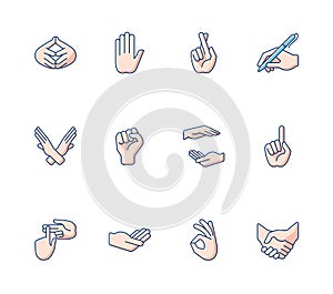 Hand gestures RGB color icons set