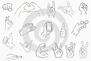 Hand gestures set. Collection of hand-drawn signs. Vector.