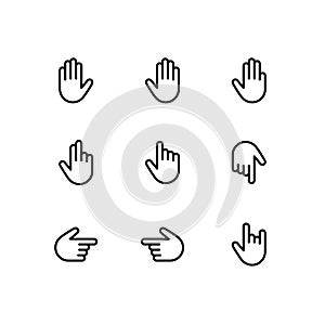 Hand gestures and sign language thin line icon set