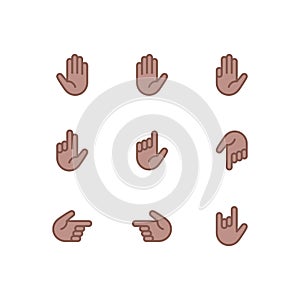 Hand gestures and sign language thin line icon set