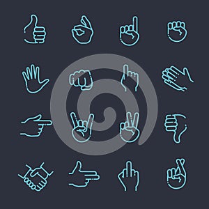 Hand gestures thin line icon set