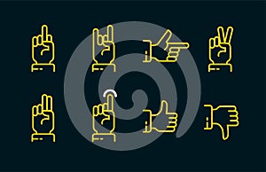 Hand gestures thin line icon set in dark colors. Vector touch screen gestures icons in thin line style.