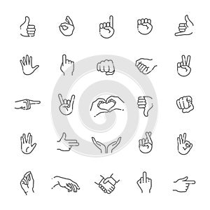 Hand gestures thin line icon set