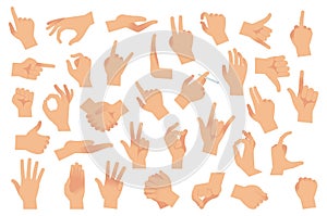 Hand gestures. Various arms, human hands, ok, thumb up and pointing finger, pinch and fist. Optimistic or pessimistic