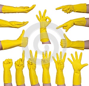 Hand gestures in yellow rubber glove