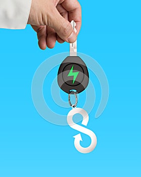 Hand give electric car key infinity arrow sheet metal keyring