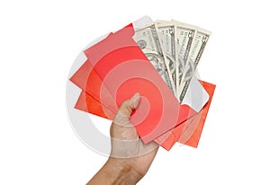 Hand give Money Dollar Cash Banknote in Red Envelope
