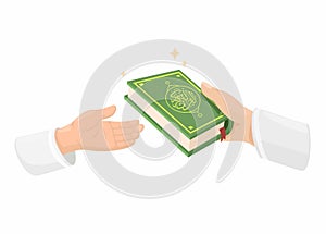 Hand Giving Al Quran Holy Book Islam Religion Symbol Cartoon Illustration Vector