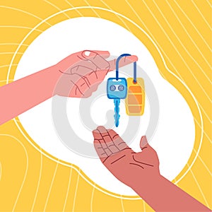Hand giving car keys in the other hand purchase or rental car concept with flat style icon vector illustration