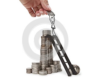 A hand giving a coin drawn man, standing on the stairs of the pyramid of money