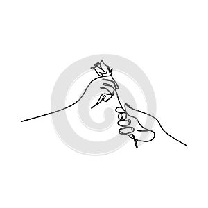 Hand giving a flower one line drawing vector. Continuous lineart of couple romantic minimalist design photo