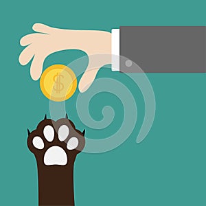 Hand giving golden coin money with dollar sign. Dog cat paw print taking gift. Adopt, donate, help, love pet animal. Helping hand