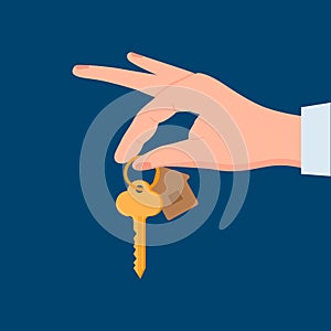 hand giving house keys. Keyholder. Home rental, buying property, real estate. Sharing apartment service