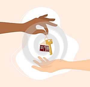 A hand giving a key with a house keychain to a buyer. Vector real estate concept in flat style