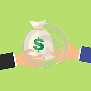 Hand giving money bag to another hand, payment, credit, loan, banking poster illustration on green background, cartoon fl