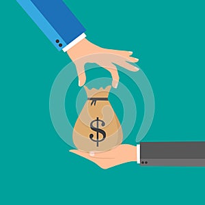 Hand giving money bag to another hand, payment, credit, loan, banking poster vector illustration isolated on blue background,