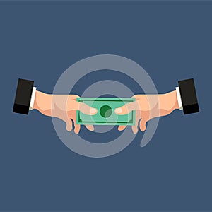 Hand giving money to another hand. Handshake with money. Financial and bribery concept. Vector illustration.