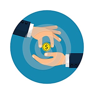 Hand giving money to other hand illustration in circle. Vector