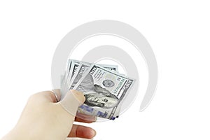 Hand giving money on white background, concept of investment, success and profitable