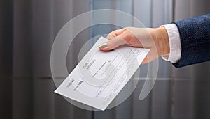 Hand giving paycheck, check, cheque