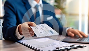 Hand Giving Payroll Cheque. Paycheck