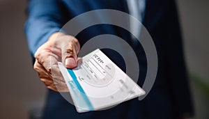 Hand Giving Payroll Cheque. Paycheck