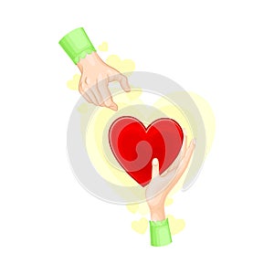 Hand Giving Red Heart to Another as Love and Fondness Symbol Vector Illustration photo