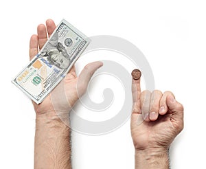 Hand giving salary, comparison of those who pay generously and sparingly, a lot of money and little money, comparison of