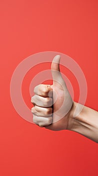 A hand giving a thumbs up on a red background