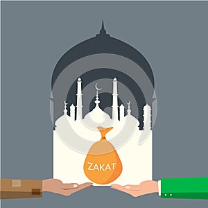 The hand Giving Zakat box in door on mosque background.
