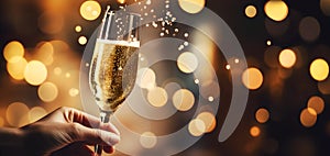 Hand with a glass of alcohol free champagne on warm bokeh background with copy space. Sparkling champagne in a flute glass.