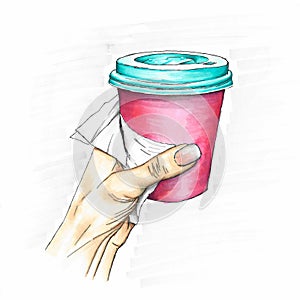 hand with glass coffee drawing sketch photo