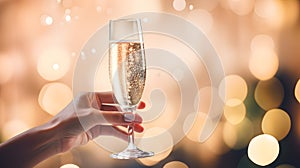 Hand with a glass of sparkling wine on light bokeh background, copy space. Champagne in a flute glass in a hand. Elegant toast